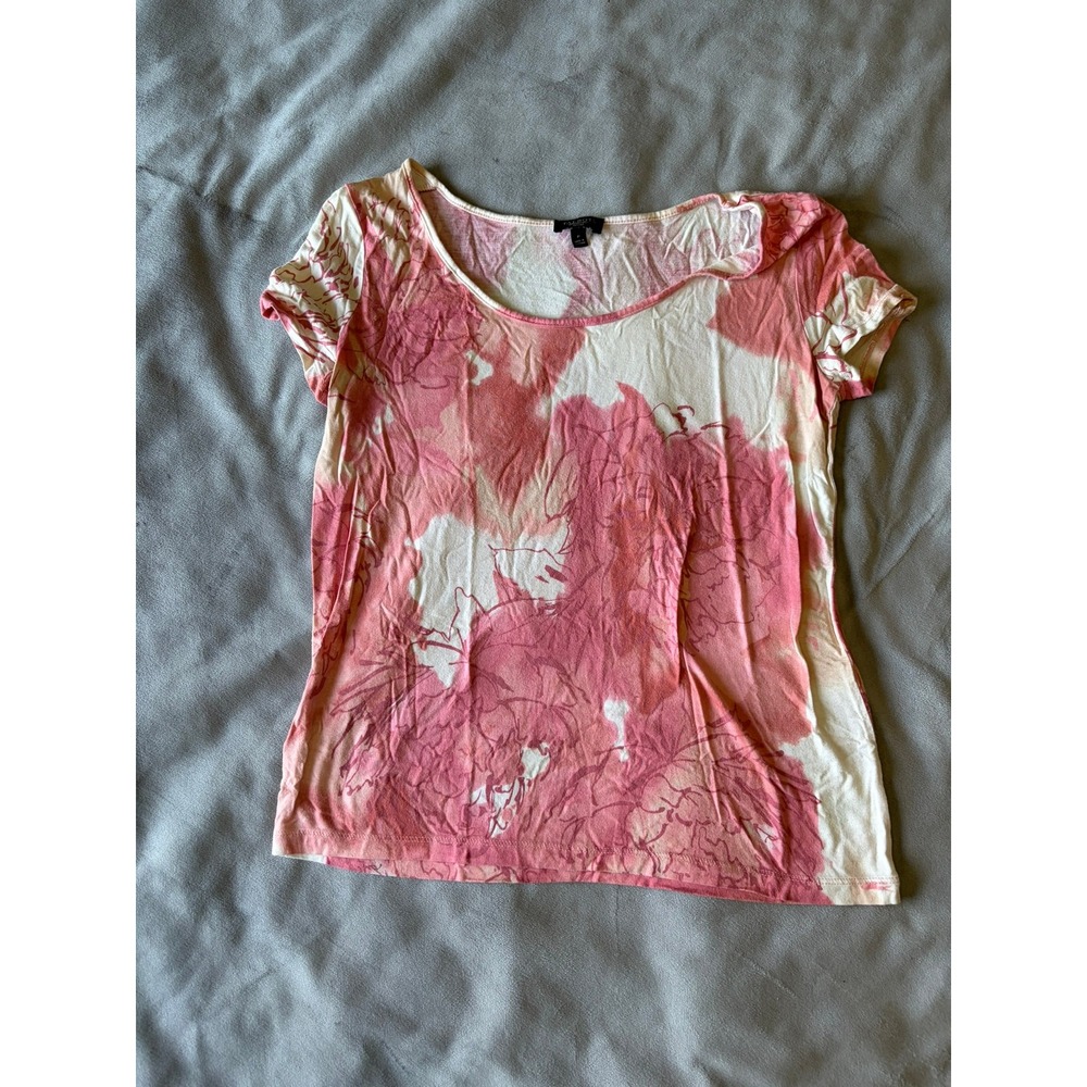 Talbots Petites Pink White Abstract Floral Watercolor Scoop Neck Tee Shirt P